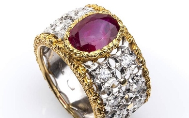 Gold, ruby and diamonds ring 18k white and yellow gold...