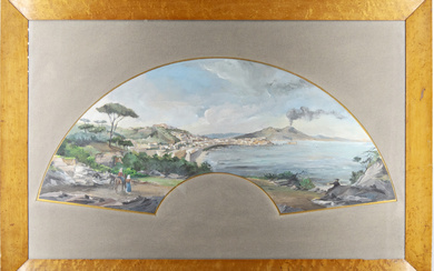 Gouache a forma di ventaglio raffigurante "Golfo di Napoli" (cm 20x60) reca firma indecifrata in basso a destra in cornice…
