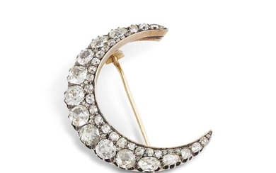 HALFMOON-SHAPED DIAMOND BROOCH IN GOLD AND SILVER SPILLA A...