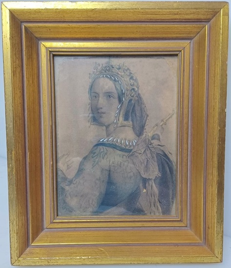 Hand Colored 18th Century Steel Engraving Woman With Headress