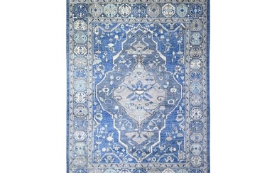 Hand Knotted Steel Blue and Gray Natural Dyes Wool Oriental Carpet