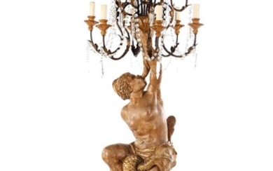 (-), Wooden richly decorated floor lamp with gold-coloured...