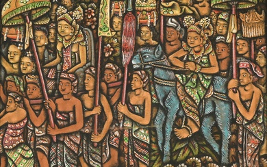 Ida Bagus Made Togog (1913-1989) 'Balinese procession', signed lower centre, tempera on canvas. H. 23.5 cm. W. 29.5 cm.