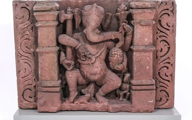 Indian Carved Sandstone Ganesha Stele, 10-12th C.