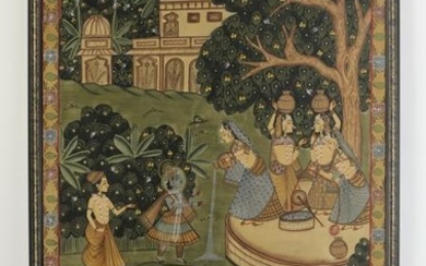 Indian gouache on cloth depicting water bearers, 72"h