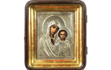 Ingekaderde negentiende eeuwse Russische icoon met rizza : "Madonna met kind" -...