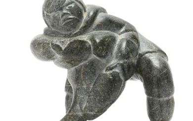 Inuit Carved Stone Sculpture of Figure with Seal, Signed Markooss
