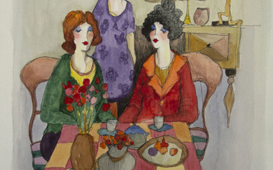 Itzchak Tarkay (1935-2012) - Women at the Cafe, Watercolor on Paper.