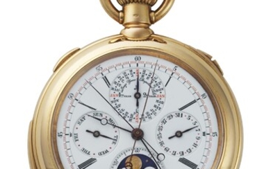 JULES JÜRGENSEN. AN EXTREMELY FINE AND IMPORTANT LARGE AND HEAVY 18K GOLD OPENFACE MINUTE REPEATING PERPETUAL CALENDAR SPLIT SECONDS CHRONOGRAPH KEYLESS LEVER WATCH WITH MOON PHASES AND JÜRGENSEN’S PATENTED BOW HAND-SETTING, WINNER OF A GRAND PRIX AT...