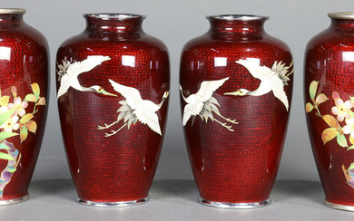 Japanese Cloisonne Red Ginbari Vases