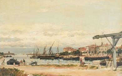 Jean Baptiste OLIVE (1848-1936) Port animé Huile sur toile Signée en bas à droite 45...
