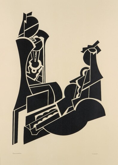 Jessica Dismorr, British 1885-1939, Conversation, from The Tyro (Vol. 1 No. 2); linocut in black on wove, signed and titled in ink, image 67.5 x 48 cm, (framed) Note: Dismorr participated in almost all of the avant-garde groups active in London...
