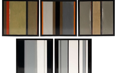 Johan van den Berg (1939-2019), 'Black, White and Grey no. 1', 'Black, White and Grey no. 2' en 3 soortgelijke voorstellingen (5x)