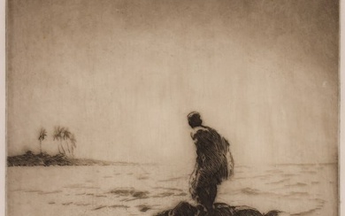 John Kelly ''Lone Fisherman, Hawaii'' Etching with Drypoint