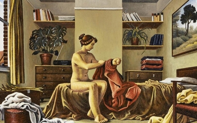 John Sendall, British b.1947- The Bedroom; oil on panel, bears label on the reverse, 39 x 53.5 cm (ARR)