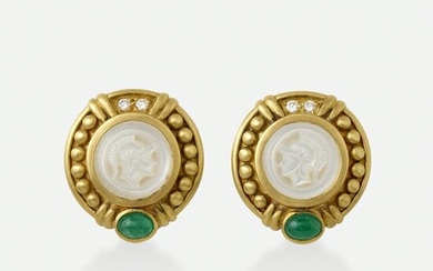 Judith Ripka, Diamond and emerald Trojan head earrings