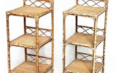 LAMP TABLES, a pair, mid century bamboo framed wicker panell...