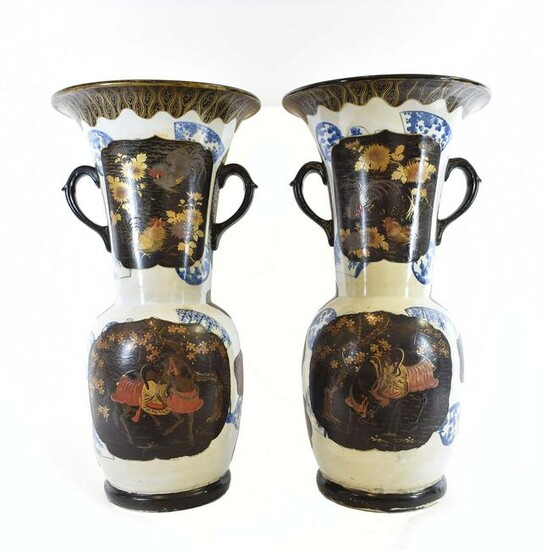 LARGE PAIR JAPANESE PORCELAIN AND LACQUERED VASES