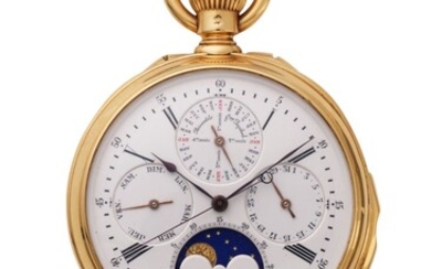 LOUIS AUDEMARS, MADE FOR BREGUET, GOLD PERPETUAL CALENDAR QUARTER REPEATING INDEPENDENT CENTRE SECONDS POCKET WATCH WITH MOON PHASES, NO. 3701, CASE NO. 11782