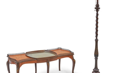 LOUIX XV-STYLE MAHOGANY MIRRORED COFFEE TABLE AND CARVED FLOOR LAMP
