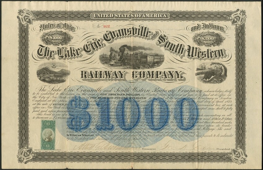 Lake Erie, Evansville and South Western Railway Company, 7% bond for $1000 or £200, 1872, #922,...