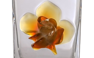Lalique French Crystal Art Glass Amber Rose Vase