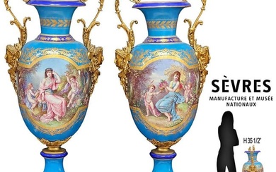 Large 19th C. Louis XVI Style Pair Of Sevres Porcelain Bronze Figural Mounted Vase, Singed By AMagLi
