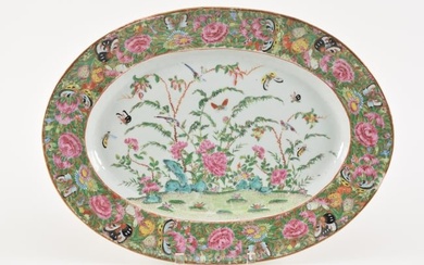 Large 19th century Chinese export famille rose decorated platter with gilt borders and butterflies.