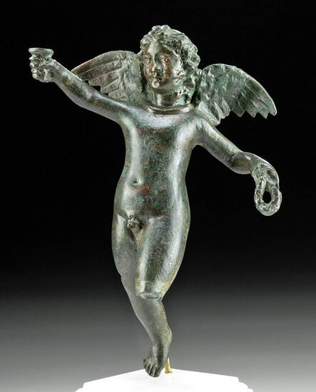 Large Roman Leaded Bronze Cupid Holding Wreath & Cup