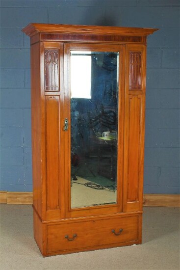 Late Victorian satinwood inlaid single door wardrobe, fitted single drawer below, 188cm tall x