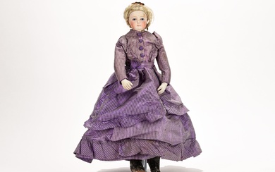 Léontine ROHMER, France 19ème poupée de mode parisienne, tête en biscuit pressée articulée sur collerette,...