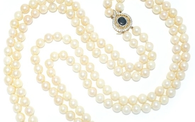 Long Double Strand Cultured Pearl Necklace with Two-Color Gold, Sapphire and Diamond Clasp