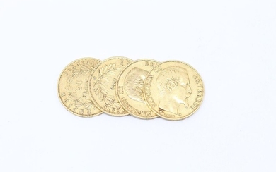 Lot of 4 pieces of 20 Francs gold Napoleon III...