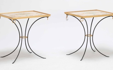 Lysberg Hansen & Terp: A pair of lamp tables with frames of black lacquered and gilded wrought iron.