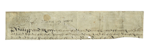 MARY I (1516-1558), Queen of England and Ireland, and PHILIP II of Spain (1527-1598) as King of England. Document signed by both (at head, 'philipp R' and 'Marye the quene'), a fragment cut from a letters patent, n.p., n.d. [1554-5].