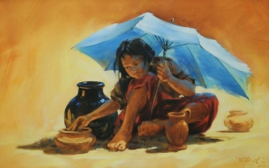 MEXICAN YOUNG GIRL WITH POTTERY PAINTING