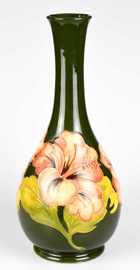 MOORCROFT; a baluster shaped vase decorated in the 'Coral Hibiscus'...