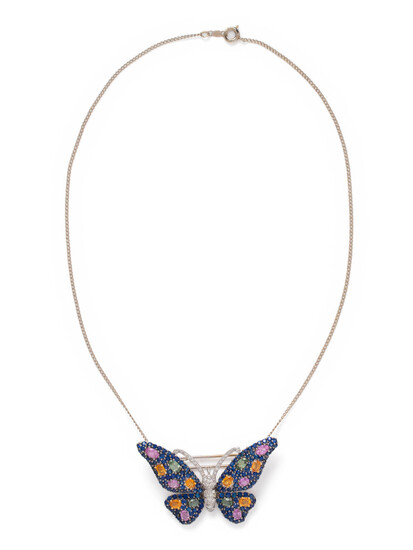 MULTICOLOR SAPPHIRE AND DIAMOND BUTTERFLY PENDANT/BROOCH
