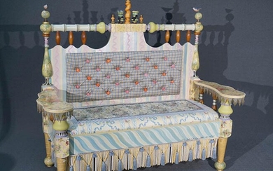 MacKenzie-Childs Painted and Decorated Wood Upholstered 'Ridiculous' Settee
