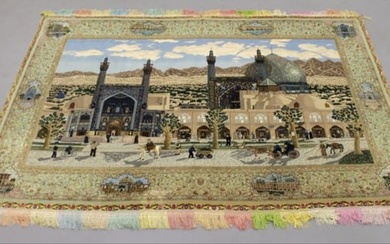 Magnificent Isfahan Scene Silk And Wool Rug W/ Gold Thr
