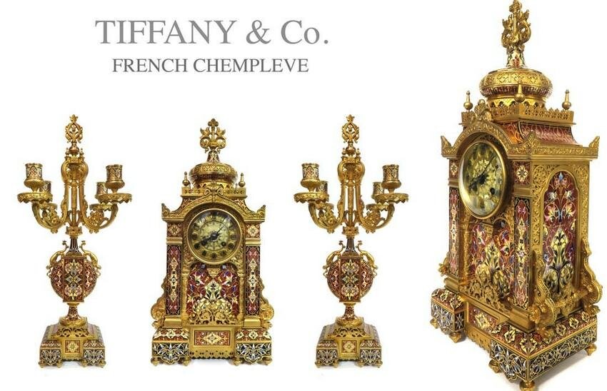 Magnificent Tiffany & Co. Gilt Bronze ChamplevÃ© Enamel & Gilt Bronze Clockset