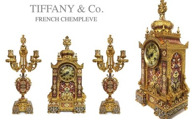 Magnificent Tiffany & Co. Gilt Bronze Champleve Enamel & Gilt Bronze Clockset
