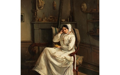 Maler des 19. Jahrhunderts, JUNGE FRAU IN WEISSEM MUSSELINKLEID IN EINEM ATELIER