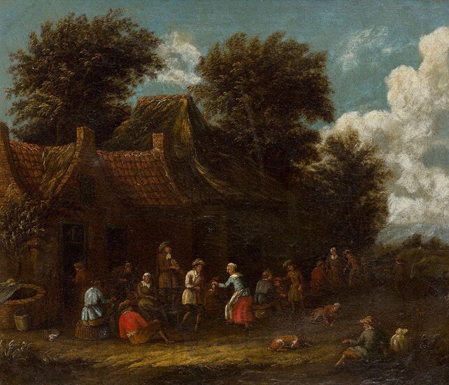 Manner of David Teniers the Younger, early-mid 19th century- A gathering outside a village inn with peasants playing music and dancing; oil on canvas, bears indistinct signature and date '1609' (lower right), 40.2 x 46.8 cm. Provenance: Private...