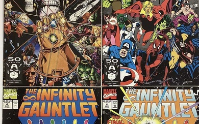 Marvel comics The Infinity Gauntlet, issues 1, 3, 4 and 6. First issue includes Thanos and avengers. All priced 2.50usd. (4)