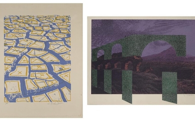 Menashe Kadishman, Israeli 1932-2015- Bridge, 1971-73; screenprint in colours on wove, signed, dated and inscribed A/P in pencil, sheet 69 x 90.5cm; together with a further screenprint in colours on Guarro wove, Cracked Earth, signed and inscribed...