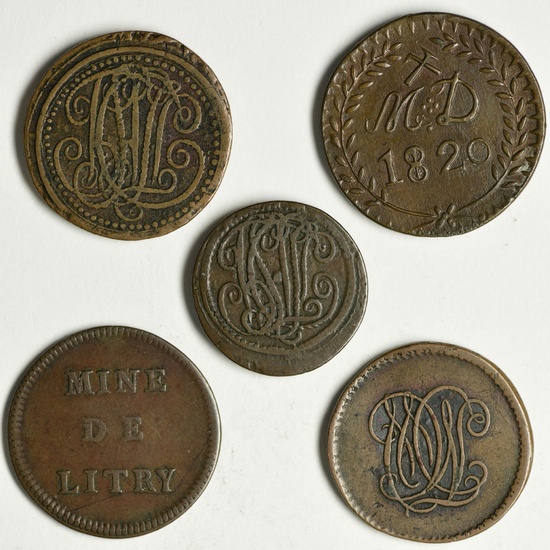 Monnaies de nécessité: Mines d'Anzin, Fresnes…1820… Br. Ens. 5 p. Très Beau.