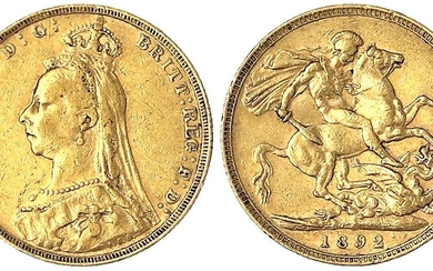 Monnaies et médailles d'or étrangères, Grande-Bretagne, Victoria, 1837-1901, Souverain 1892, Tueur de dragon. 7,99 g....
