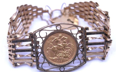 Mounted 1910 Sovereign on 9ct Gold Gate Bracelet with Padlock...