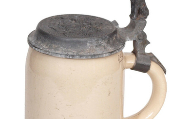 Mug for the beer 20th century. Inscription on the emblem USEL and BCM. Earthenware, metal, height 17 cm, volume 0.4 liters